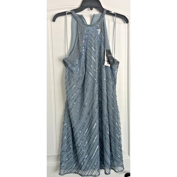 Lauren Ralph Lauren Women's Beaded Mesh Halter PartyCocktail Dress Light Blue 8 - Picture 6 of 13